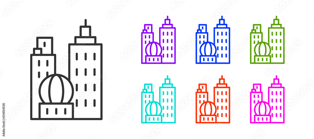 Black line City landscape icon isolated on white background. Metropolis architecture panoramic landscape. Set icons colorful. Vector Illustration.