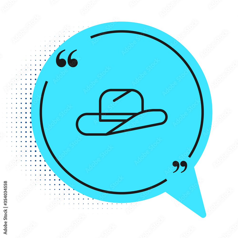 Black line Western cowboy hat icon isolated on white background. Blue speech bubble symbol. Vector Illustration. Black line Western cowboy hat icon isolated on white background. Blue speech bubble symbol. Vector Illustration.