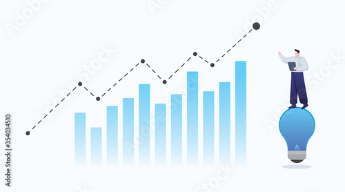 flat businessman standing on light bulb with business finance graph concept