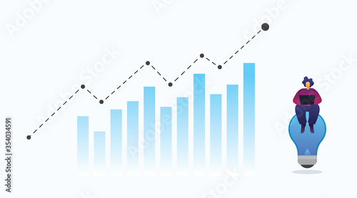 flat businessman standing on light bulb with business finance graph concept