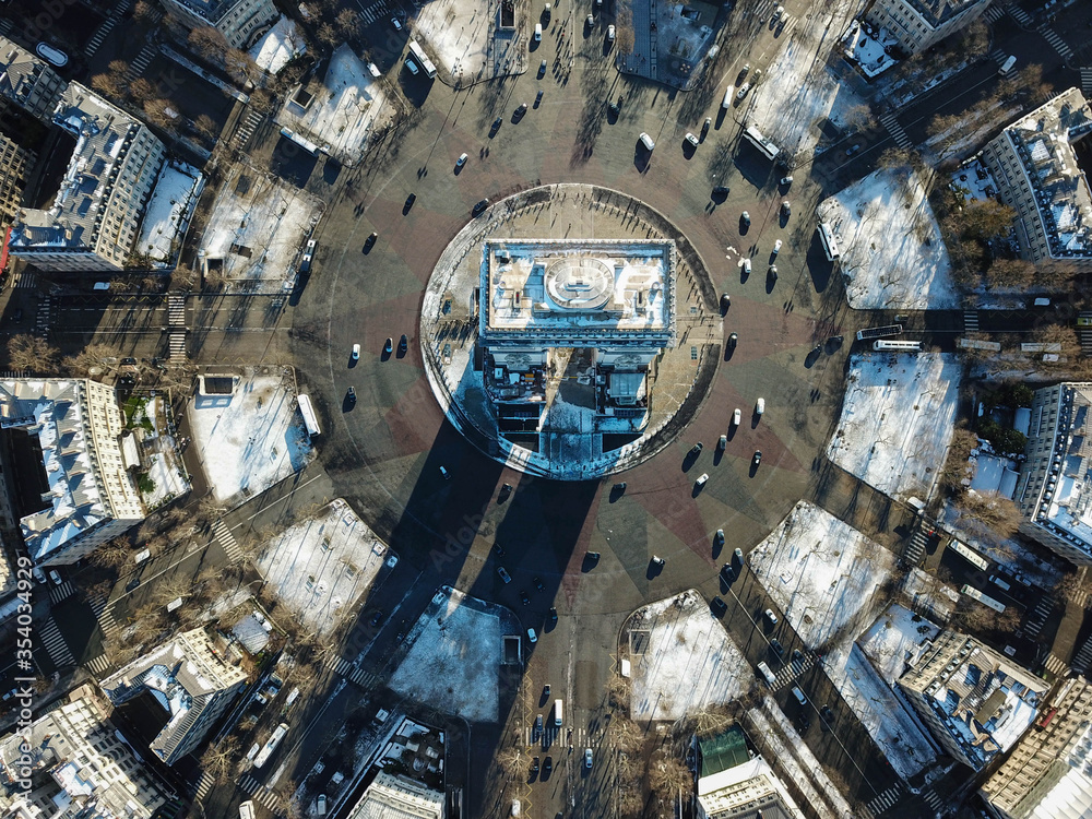 4k photos iconic landmark Arc de Triomphe /Triumphal Arc, Paris, Ile-de-France Aerial view drone of Paris, France, Europe