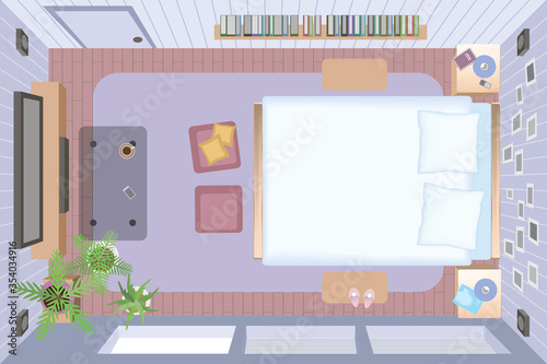 Bedroom. Interior room in violet tones. (top view)