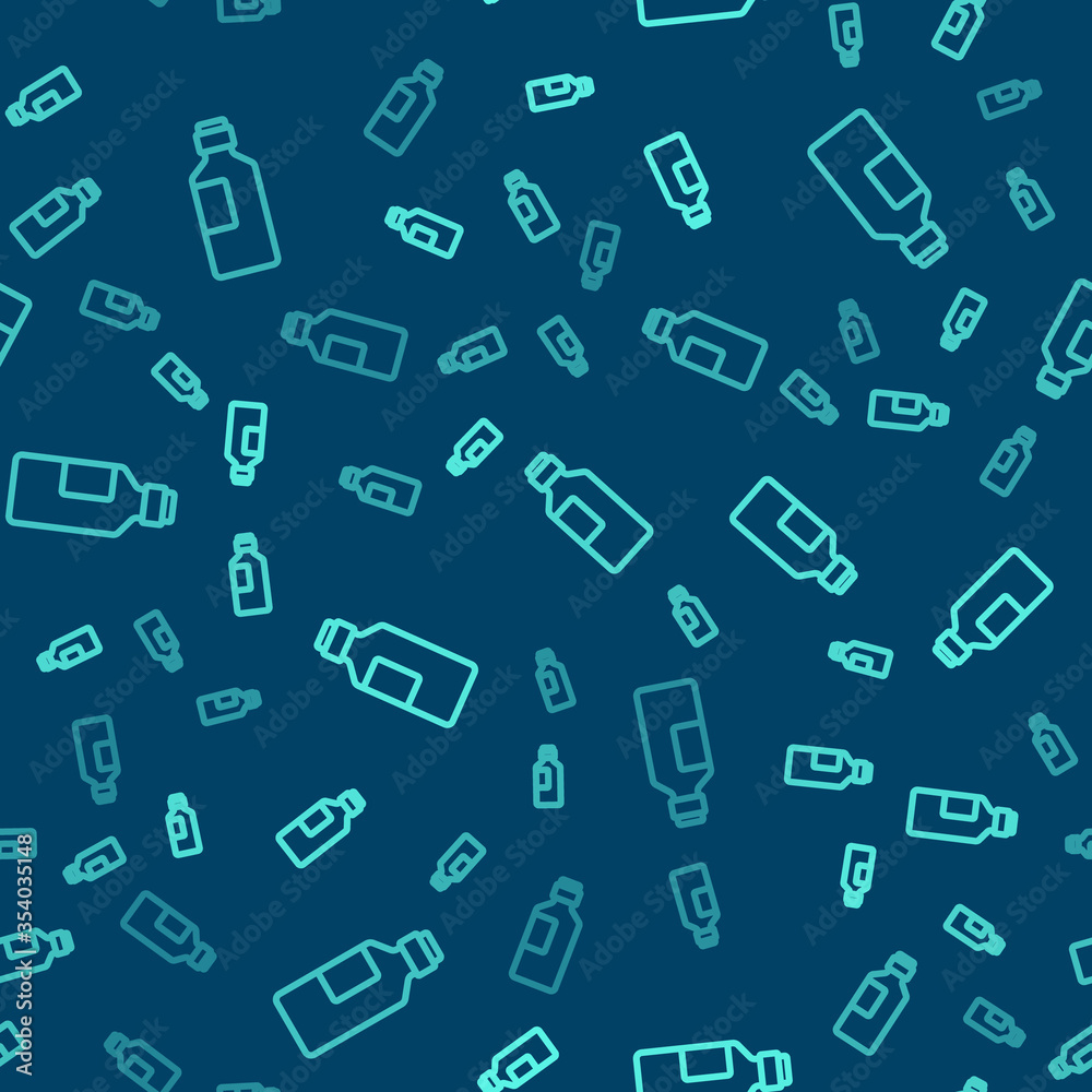 Green line Bottle of water icon isolated seamless pattern on blue background. Soda aqua drink sign. Vector Illustration. Green line Bottle of water icon isolated seamless pattern on blue background. Soda aqua drink sign. Vector Illustration.
