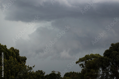 Very dark storm clouds before a thunder storm hits, dark vegetation in forground