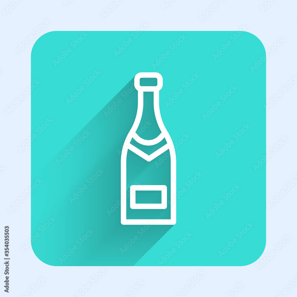 White line Champagne bottle icon isolated with long shadow. Green square button. Vector Illustration. White line Champagne bottle icon isolated with long shadow. Green square button. Vector Illustration.