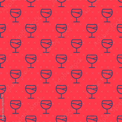 Blue line Wine glass icon isolated seamless pattern on red background. Wineglass sign. Vector Illustration.