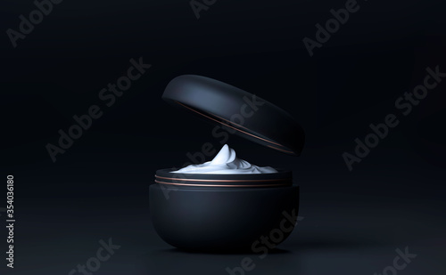 Elegant cosmetic face crem jar for skin care on black background. Beautiful cosmetic template for ads. Makeup products brand. Realistic vector 3d black matte cosmetic jar mock up