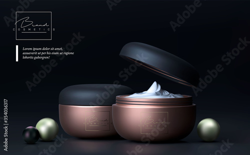 Elegant cosmetic face crem jar for skin care on black background. Beautiful cosmetic template for ads. Makeup products brand. Realistic vector 3d black and gold matte cosmetic jar mock up