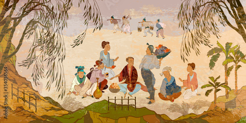 Ancient China. Oriental people. Traditional Chinese paintings. Tradition and culture of Asia. Classic wall drawing. Murals and watercolor asian style. Hand-drawn vector illustration