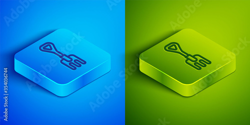 Isometric line Garden rake icon isolated on blue and green background. Tool for horticulture, agriculture, farming. Ground cultivator. Square button. Vector Illustration.