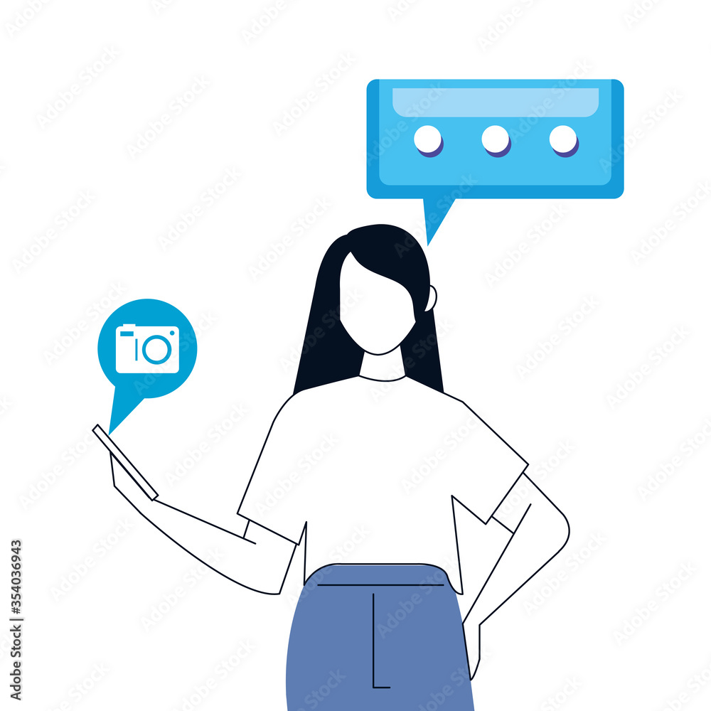 Φωτογραφία woman and smartphone with social media icons, concept of online communication on
