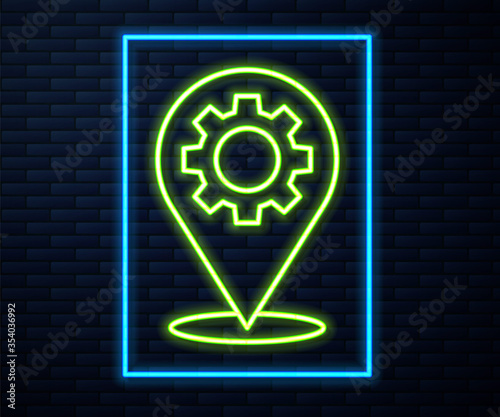 Glowing neon line Location with gear icon isolated on brick wall background. Vector Illustration.