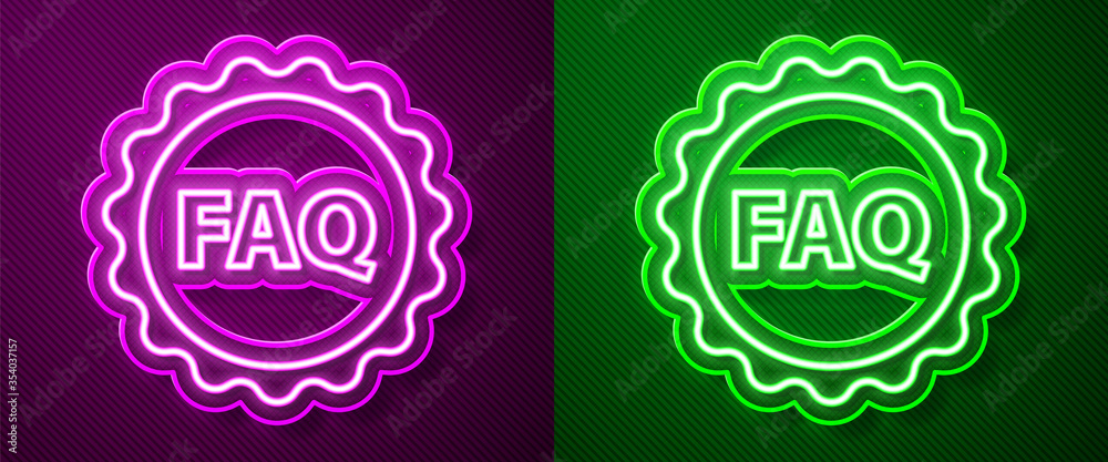 Glowing neon line Label with text FAQ information icon isolated on purple and green background. Circle button with text FAQ. Vector Illustration. Glowing neon line Label with text FAQ information icon isolated on purple and green background. Circle button with text FAQ. Vector Illustration.
