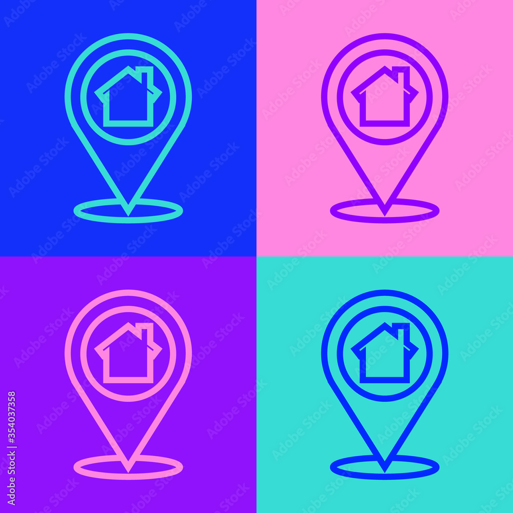 Pop art line Map pointer with house icon isolated on color background. Home location marker symbol. Vector Illustration. Pop art line Map pointer with house icon isolated on color background. Home location marker symbol. Vector Illustration.