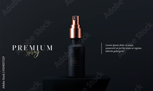 Elegant cosmetic spray for skin care on black background. Realistic vector 3d black and gold matte cosmetic spray mock up. Beautiful cosmetic template for ads. Makeup products brand.