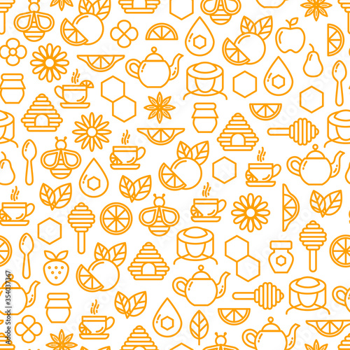 Seamless outline pattern with tea and honey elements, cup of tea, teapot, spoon, lemon, honey jar. Suitable for branding, coffee shop, restaurant, menu, beekeeping, banner, card. Vector, eps 10