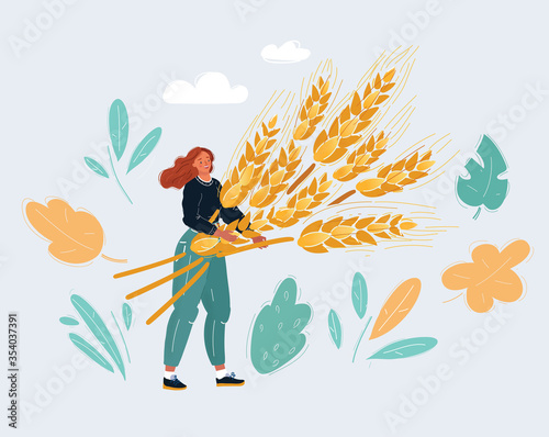 Vector illustration of woman with big sheaf of wheat.