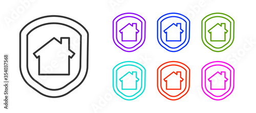 Black line House under protection icon isolated on white background. Home and shield. Protection  safety  security  protect  defense concept. Set icons colorful. Vector Illustration.