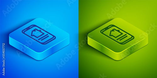 Isometric line Online real estate house on smartphone icon isolated on blue and green background. Home loan concept, rent, buy, buying a property. Square button. Vector Illustration.