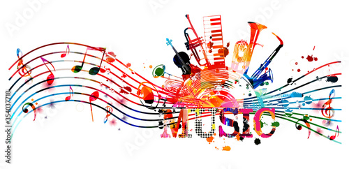 Colorful music promotional poster with music instruments and notes isolated vector illustration. Artistic abstract background for live concert events, music show and festival, party flyer design