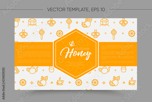 Vector template with honey bee emblem and seamless pattern. Honey outline icons. Warm yellow color. Card, label, banner design template. Horizontal format.