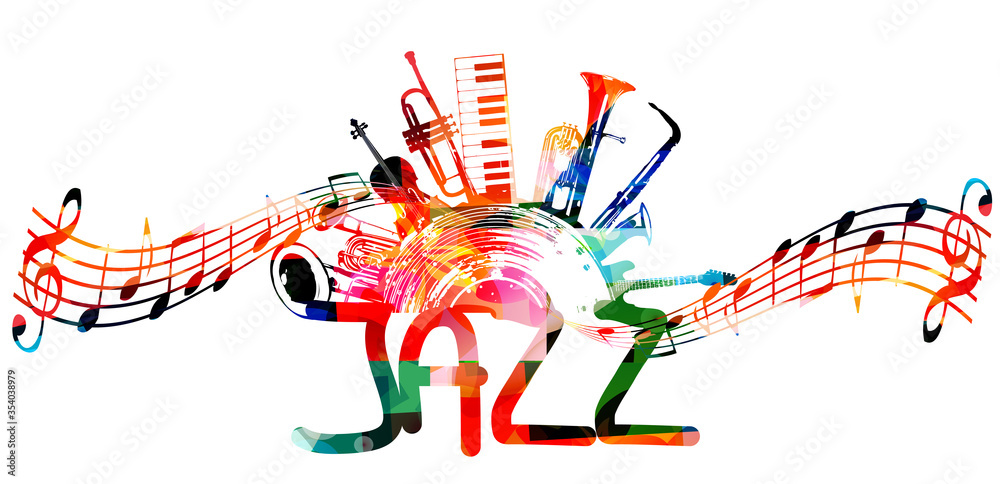 Fototapeta premium Colorful jazz music promotional poster with music instruments and notes isolated vector illustration. Artistic abstract background for live concert events, music show and festivals, party flyer design