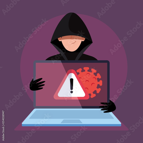 hacker and laptop computer with danger warning sign during covid 19 pandemic vector illustration design