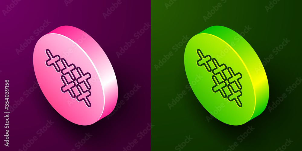 Isometric line Adjustable embroidery hoop icon isolated on purple and green background. Thread and needle for embroidery. Circle button. Vector Illustration.