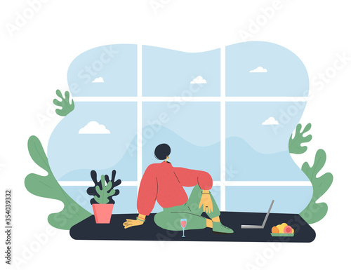 Girl sitting on the floor. Vector flat color