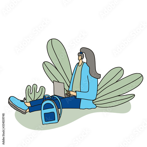 Digital nomand concept. Vector man with plaptop