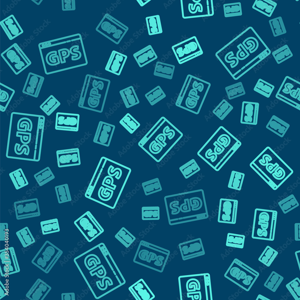 Green line Gps device with map icon isolated seamless pattern on blue background. Vector Illustration. Green line Gps device with map icon isolated seamless pattern on blue background. Vector Illustration.
