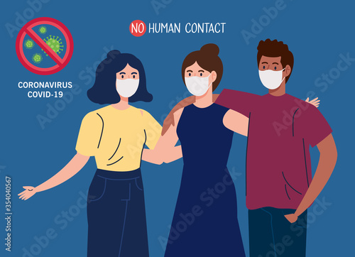 no human contact, people using face mask against coronavirus 2019 ncov vector illustration design
