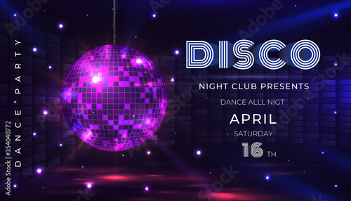 Naklejka na ścianę Disco party poster. Dance and music night party flyer with 80s disco ball and light effects. Vector illustration invite on glamour celebration with mirror sphere banner