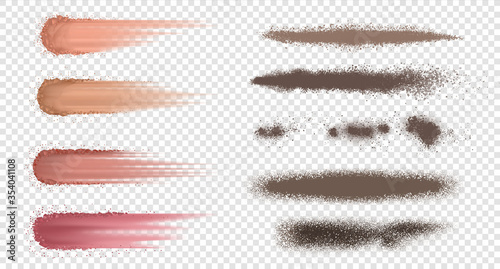 Powder brush. Realistic ash or flour splash, dust and dirt explosion, dark blusher and dry spray. Vector set isolated crumbly spray on transparent background