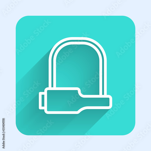 White line Bicycle lock U shaped industrial icon isolated with long shadow. Green square button. Vector Illustration.