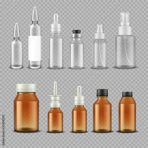 Dropper glass bottle. Realistic medical containers for pills capsules eye drops aromatic oil. Vector isolated plastic and glass bottles with screw lids on transparent background