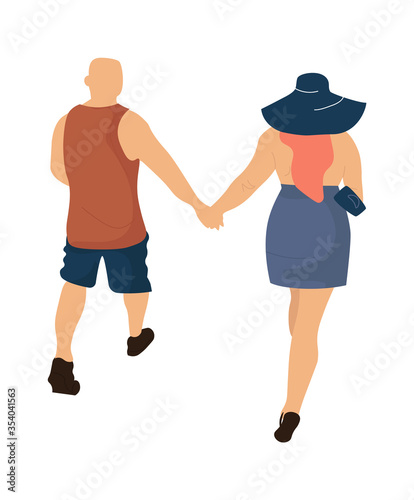 Trendy couple. Vector illustration cartoon romance people walking. Back view romantic stylish couple on vacation
