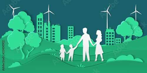 Eco city and family. Paper cut smart city with green energy ecosystem and happy family, friendly ecology concept. Vector paper illustrations environment, shapes family in origami cut background nature