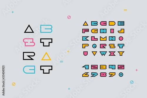 Abstract font. Creative typography with minimal geometric uppercase symbols and numbers. Vector trendy alphabet with outlines for craft and illustration