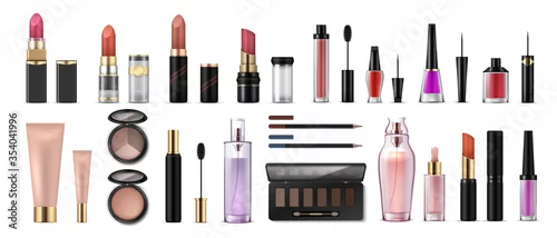 Obraz Makeup set. Realistic cosmetic products, glossy lipsticks, pencils, shadows, highlighters and artist tools. Vector 3D professional cosmetics object set, beauty collection face fashion