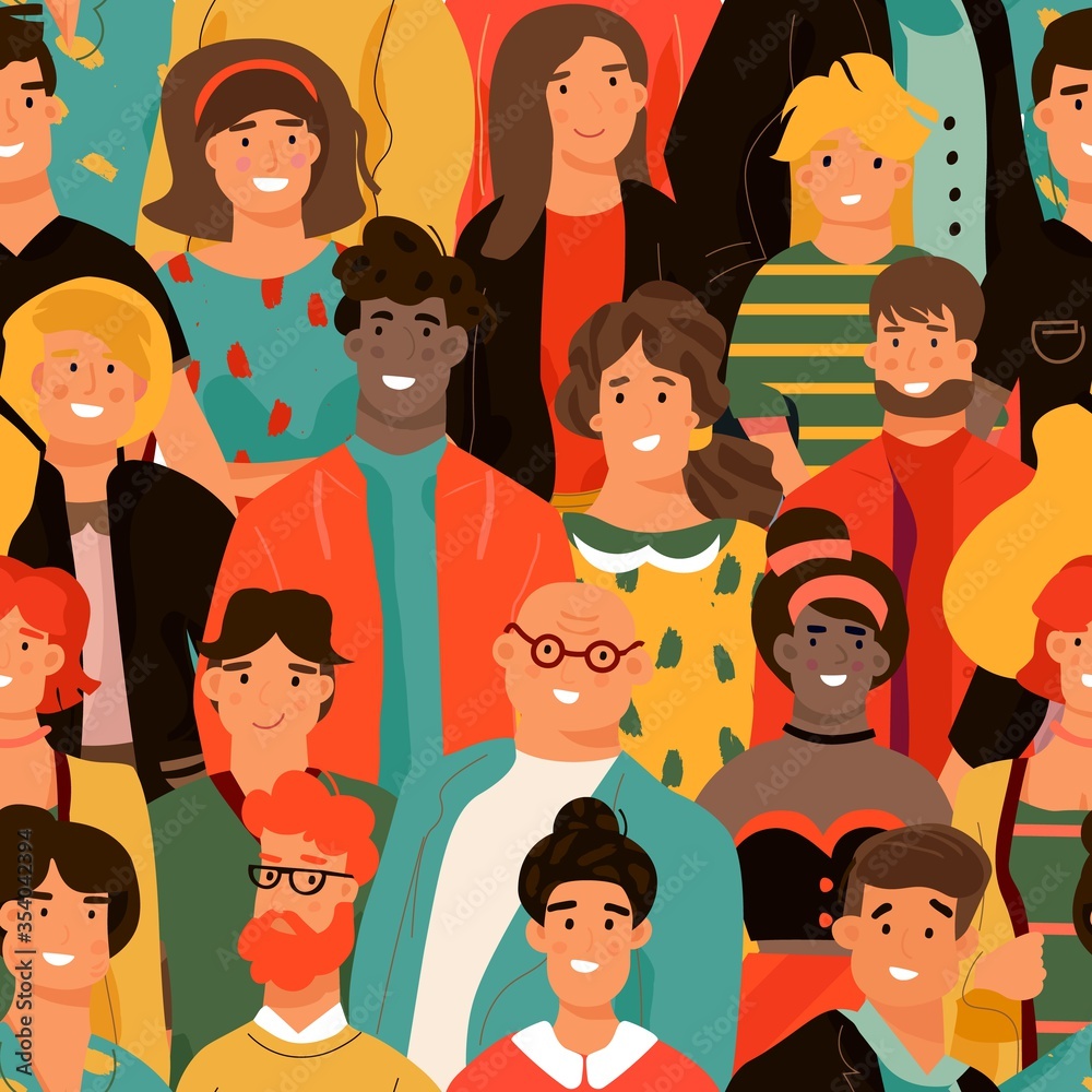 Crowd of people seamless pattern. Group of diverse people background. Young men and women with different skin color and smiling faces. Vector illustrations design element Crowd of people seamless pattern. Group of diverse people background. Young men and women with different skin color and smiling faces. Vector illustrations design element