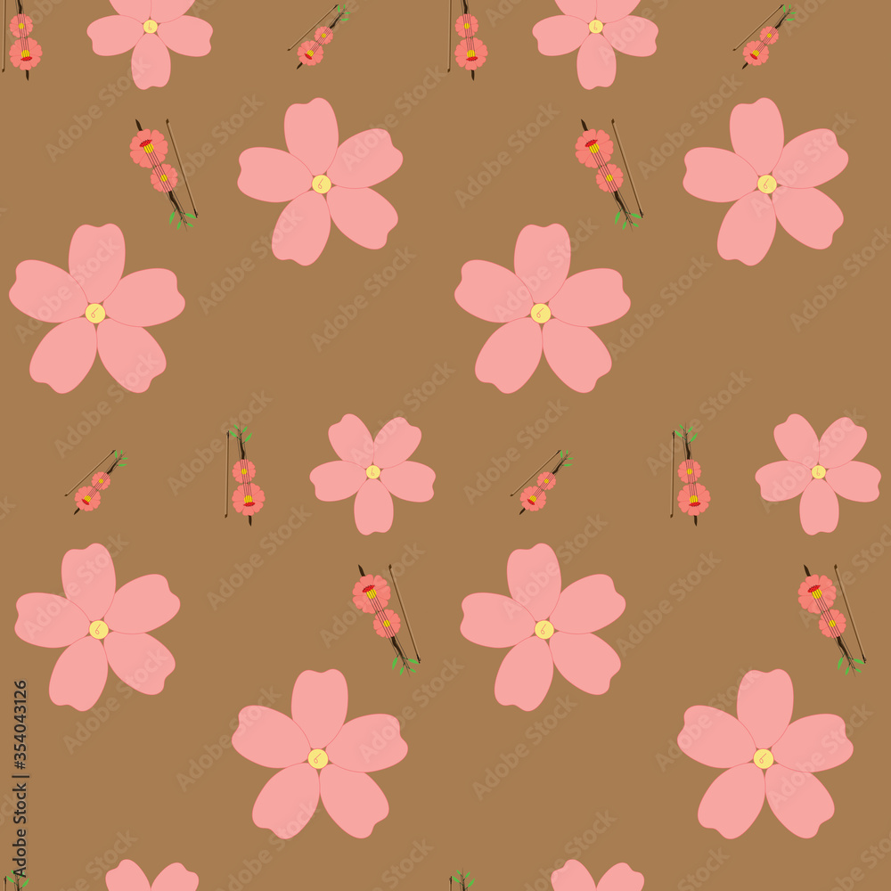 Seamless pattern with abstract sakura flowers and floral stringed violins on brown background. Creative color floral surface design. Concepts: music, summer, spring, nature, blossom