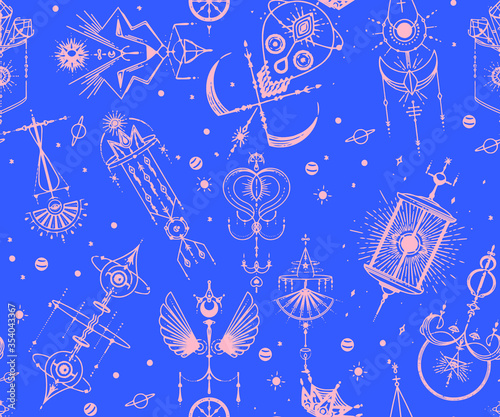 Wiccan seamless pattern with magic symbols. space and mystical objects, spirituality and occultism, Ideal for textiles, magic stores, fortune tellers, tarot readers
