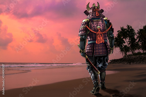 Highly detailed raster llustration of Japanese samurai wearing a traditional medieval armor against the sunset sky. Photo from my archive has been used for a background. (ID: 354043587)