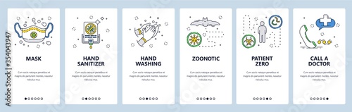 Corona virus protection icons. Face mask, hand sanitizer, zero patient, call a doctor. Mobile app screens. Vector banner template for website and mobile development. Web site design illustration photo