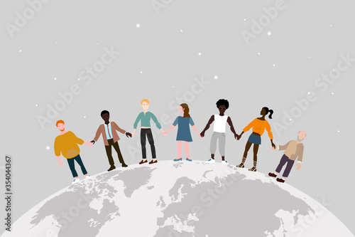 Together we are strong. A multinational group of people stand together holding hands on globe. Unity of the people of the earth, resistance to conflicts, concept of global peace