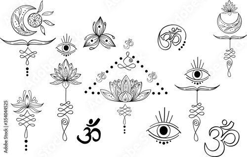 Linear black set of abstract yoga symbol with moon, unalome, eye, lotus, om, triskel. Indian outline yoga illustration. Vector mandala clipart for card, print, packing, poster, tattoo in yoga style