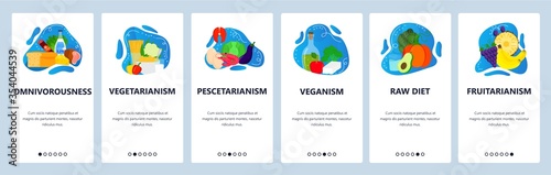 Different types of diet. Vegetarian  vegan  fruitarian  pescetarian. Food nutrition. Mobile app screens. Vector banner template for website and mobile development. Web site design illustration