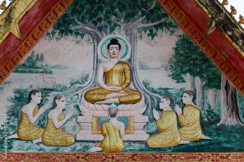 Pediment painting on a wat in Siamese Lao PDR, Southeast Asia
