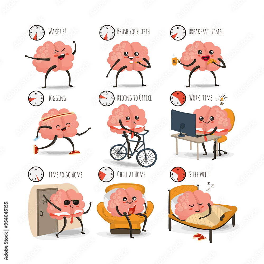 Brain cartoon character icons set, daily activities vector illustration, daily schedule, eps 10 Brain cartoon character icons set, daily activities vector illustration, daily schedule, eps 10